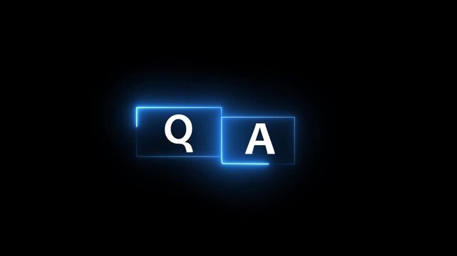 QA Initials in animated White Neon Light Inside Blue Rectangular Frames on a Black Background