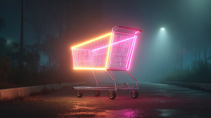 Neon glow illuminates empty shopping cart in urban cityscape during nighttime