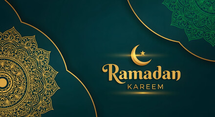 Ramadan kareem greeting with golden crescent moon and mandala design