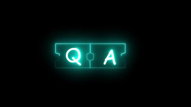 QA Initials in Bright Cyan Neon Light on a Ticket- Like Shape with animated Black Background