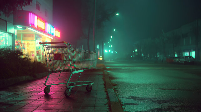 Neon lights illuminate empty shopping cart in urban cityscape at night