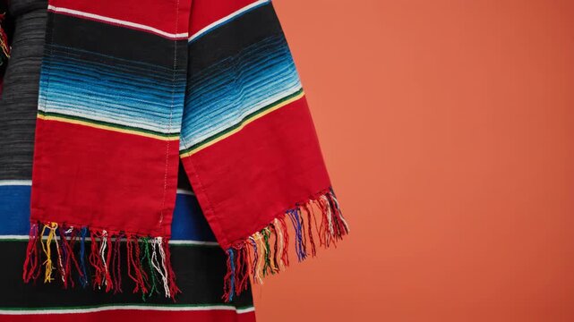 Traditional mexican poncho or serape with a vibrant striped design. Close up of a colorful woven textile with fringe detail on a solid orange background with copy space