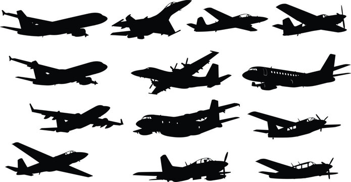 Military and passenger airplane silhouettes set, fighter jet cargo aircraft and propeller plane collection, aviation vector illustration for air force, transport and flight design