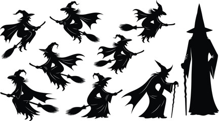 Witch silhouettes flying on broomstick set, halloween magic sorceress characters collection, spooky fantasy woman vector illustration for dark folklore, occult design assets © MstSalema