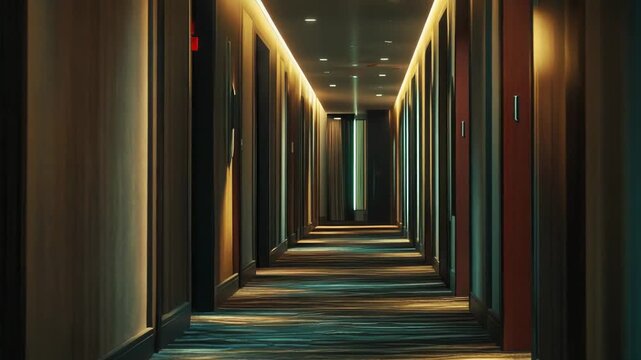 Illuminated hotel corridor featuring a long perspective of multiple doors, creating a symmetrical architectural interior view with warm and cool lighting