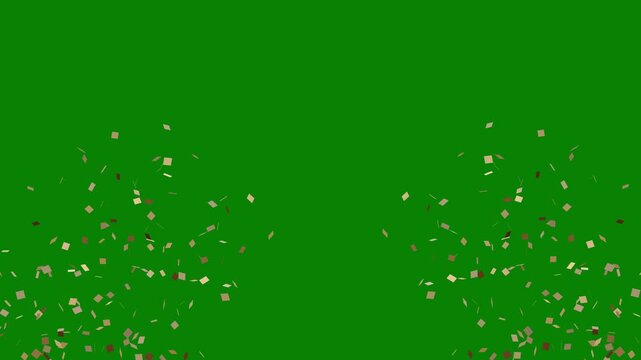 Double burst colorful confetti explosion with golden metallic glitter foil falling in slow motion on a green screen background, realistic 2D alpha channel matte, perfect for festive party compositing