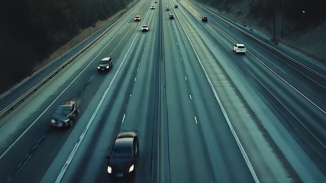 Evening light illuminating a wide multilane highway as numerous vehicles travel along the asphalt road, conveying concepts of commuting, travel, speed, infrastructure, and urban movement