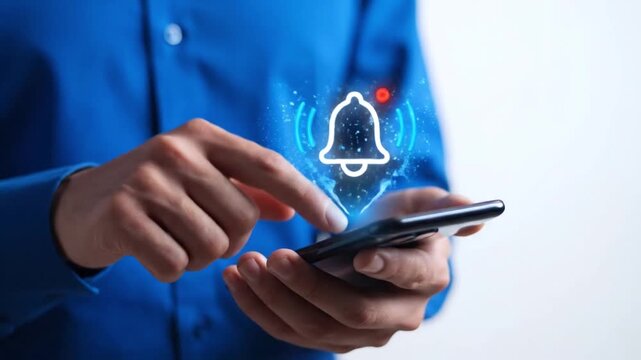 Close-up of man's hands using smartphone to activate a digital notification bell icon with glowing effects