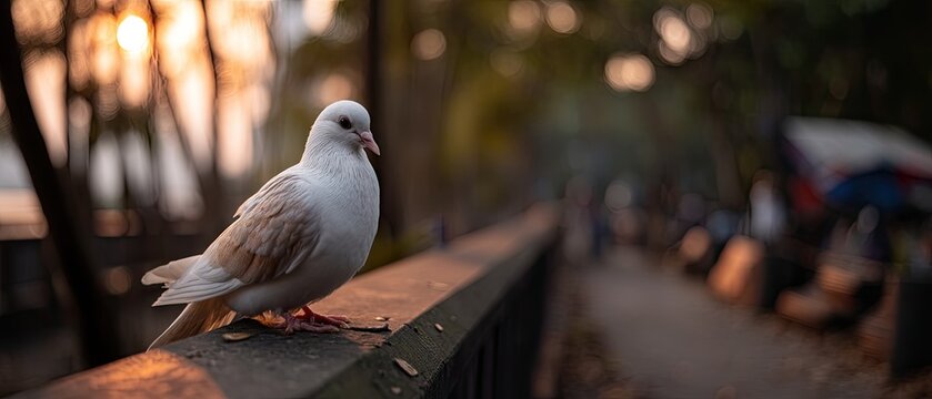 White dove holds olive branch in garden during dawn with morning light shining through trees and greenery
