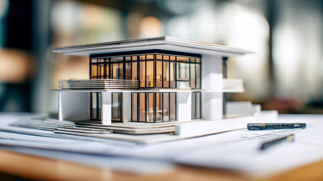 Detailed architectural model of a modern two-story building with large glass windows and balconies placed on blueprints on a workspace desk