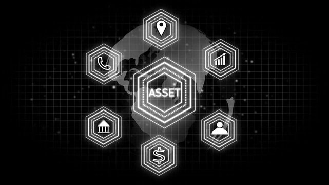 Global Asset Management Concept with Hexagonal Icons and Earth Overlay business finance animated, Hexagonal Network with Icons Representing Financial Concepts and a Globe Background finance business.