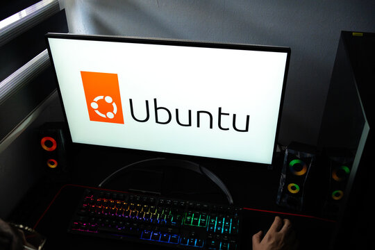 Punta Arenas, Chile &ndash; February 18, 2026: A person at a desk with the Ubuntu Linux operating system "Circle of Friends" logo displayed on a computer monitor