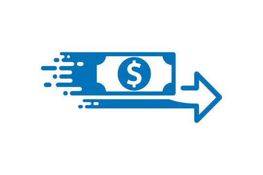 Blue dollar bill with dollar sign moving fast with speed lines and arrow indicating quick payment financial transaction cash flow