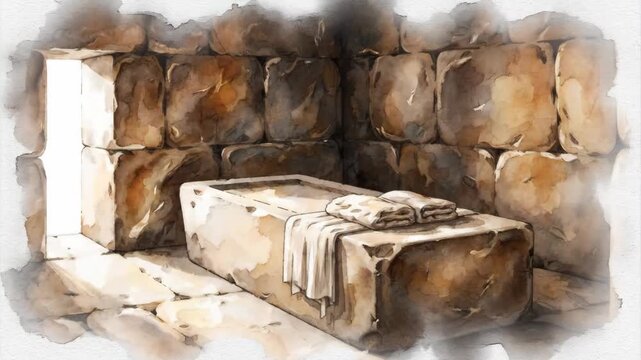 The empty tomb of jesus christ on easter morning with the stone rolled away. A watercolor painting of folded burial cloths symbolizing the resurrection and christian faith