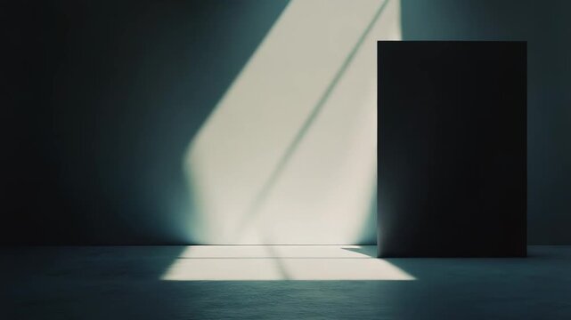 Light beam entering a minimal abstract empty room, creating strong shadow patterns and illuminating a dark rectangular object against the concrete wall