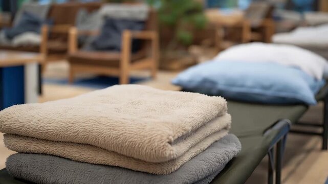 Rows of cots with bedding placed strategically in the emergency shelter depict a well-organized response to urgent situations, showcasing effective disaster management and the critical need for