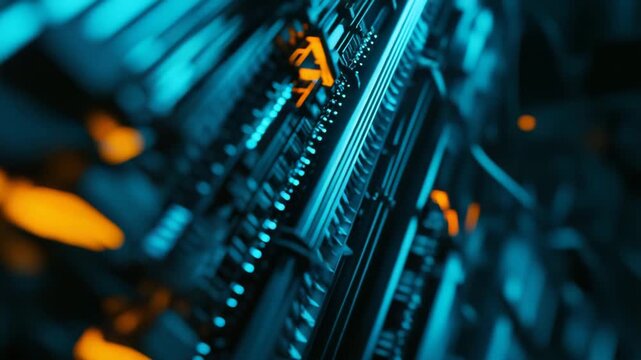 Abstract technology background features glowing orange details and vibrant blue light, highlighting intricate digital connections within a complex electronic network infrastructure