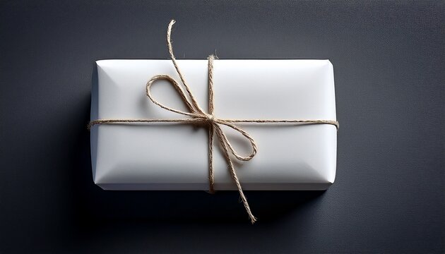 white rectangular package tied with string on dark backdrop