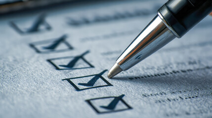 Pen marking checkboxes on a completed survey form symbolizing organization, task completion, and effective planning in a professional setting