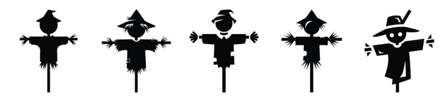 Collection of Happy Halloween scarecrow  simple silhouette icon set. Vector illustration on white background.