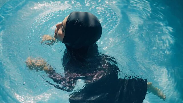 Arabian woman in burkini swims in the pool