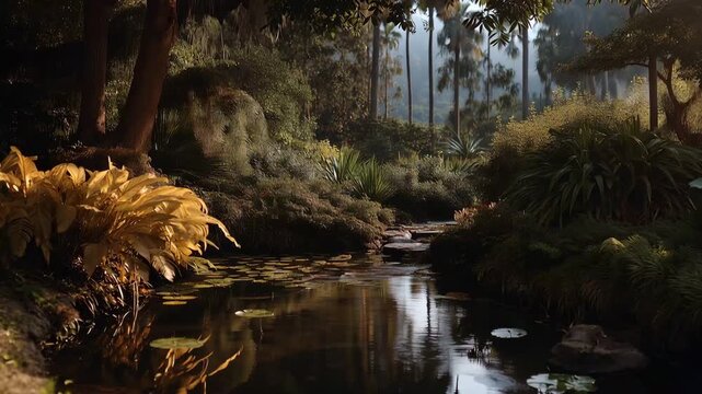 An inter changeable landscape gardening design visually presents various plant arrangements and features that can be altered seasonally, targeting gardening enthusiasts interested in dynamic