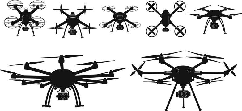Drone silhouette collection, quadcopter hexacopter and multi rotor UAV with camera set, aerial technology vector illustration for industrial surveillance, mapping and delivery