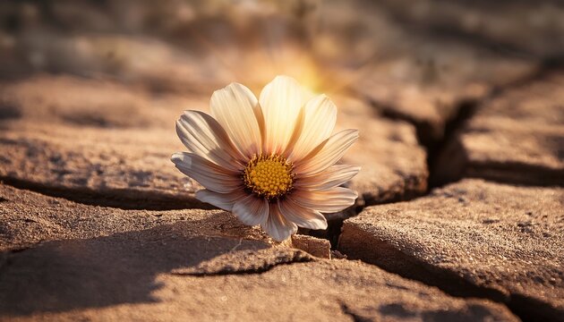 macro resilient flower growing out of crack in ground