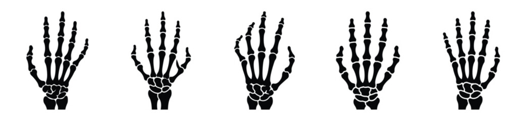 Collection of Happy Halloween skeleton hand silhouette icon set. Vector illustration on white background.