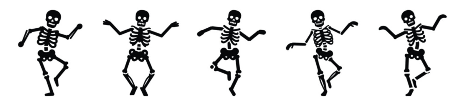 Collection of Happy Halloween skeleton dance silhouette icon set. Vector illustration on white background.