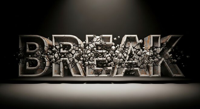 Crushing Break: A graphic image capturing the word break as it shatters and crumbles, revealing an abstract display of destruction and change.