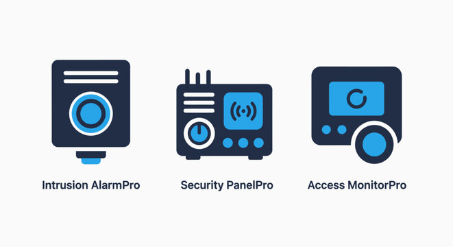 Flat vector icons illustrating intrusion alarm systems, security control panels, and access monitoring for modern home and business surveillance.