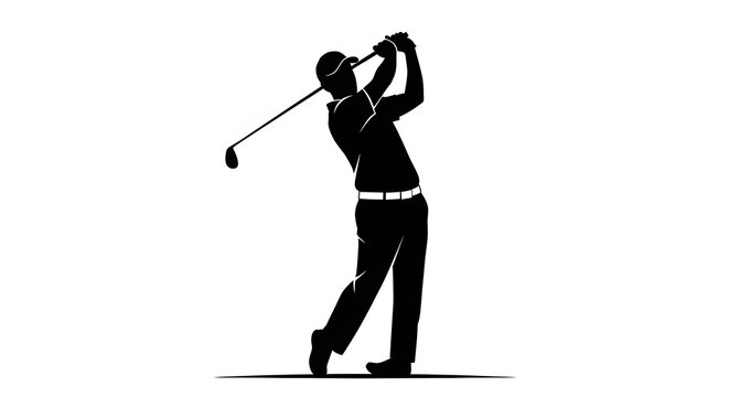 Black Silhouette of Male Golfer Finishing a Full Swing on White Background - generated AI.