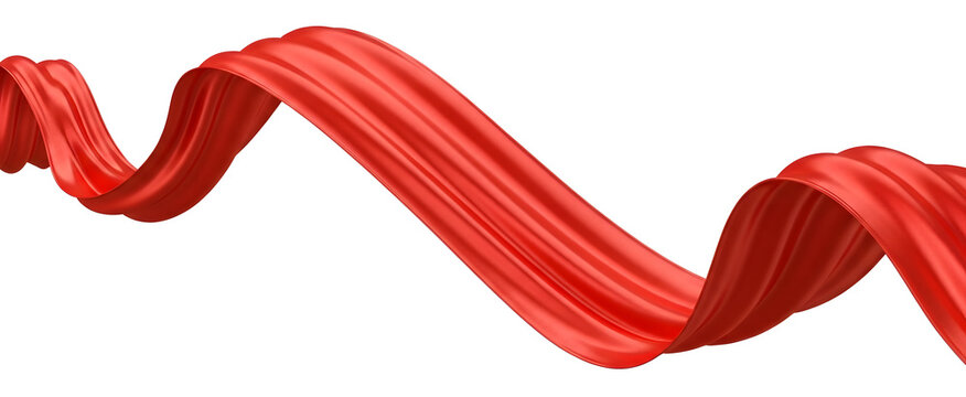 3D render of a vibrant, flowing red satin ribbon or cloth spiraling dynamically against a clean white background. Perfect for premium branding, celebration designs, marketing promotions, and abstract 