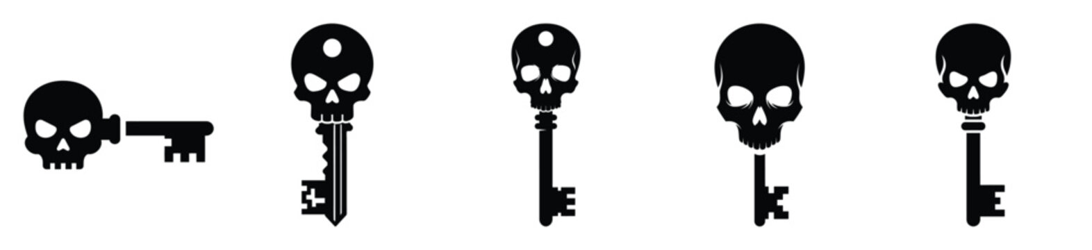 Collection of Happy Halloween skull key silhouette icon set. Vector illustration on white background.