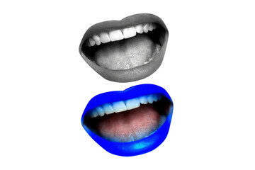Fototapeta premium Two open mouths with different colored lips on white background for design and communication concepts transparent background
