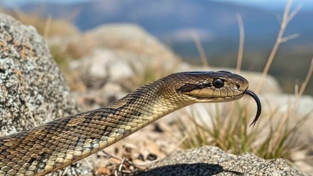 Gopher Snake or Bullsnake Close-up with Tongue Flicked. Close-up wildlife portrait of a Gopher Snake (Pituophis catenifer) or Bullsnake in its natural rocky habitat