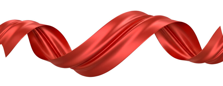 3D render of a vibrant, flowing red satin ribbon or cloth spiraling dynamically against a clean white background. Perfect for premium branding, celebration designs, marketing promotions, and abstract 