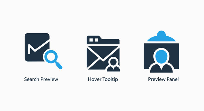 UI icons for web interfaces: search preview magnifier, email envelope with user icon for contact, and a preview panel window.