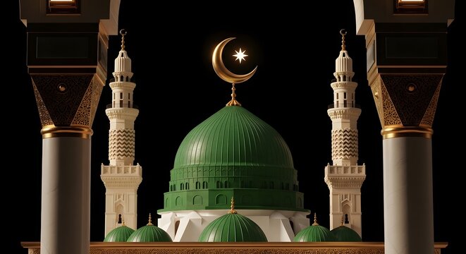 mosque Green Dome and ornate columns on a black background. Symbolizes peace, faith, and the sacred history of Medina. Ideal for digital projects, Islamic art