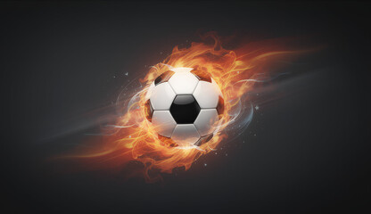Naklejka premium A soccer ball is engulfed in vibrant orange flames against a dark background, creating a dynamic and energetic visual effect.