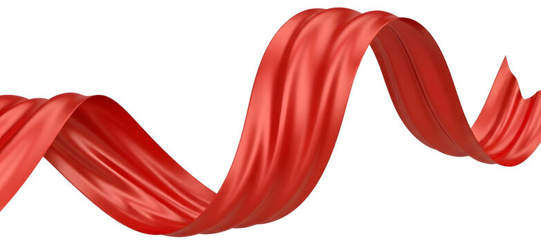 3D render of a vibrant, flowing red satin ribbon or cloth spiraling dynamically against a clean white background. Perfect for premium branding, celebration designs, marketing promotions, and abstract 