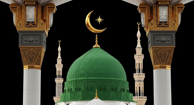 mosque Green Dome and ornate columns on a black background. Symbolizes peace, faith, and the sacred history of Medina. Ideal for digital projects, Islamic art