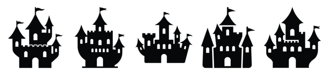 Collection of Happy Halloween vampire castle silhouette icon set. Vector illustration on white background. © Pallobroy