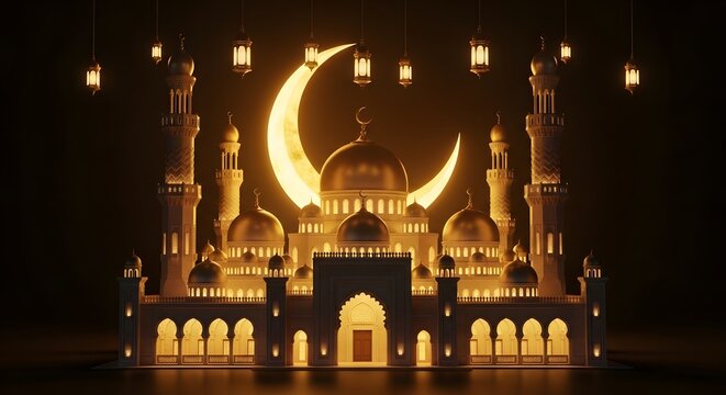 golden Islamic mosque illuminated against a dark night sky. Features glowing domes, minarets, hanging lanterns, and a giant crescent moon. Perfect for Ramadan, Eid, and spiritual themes.