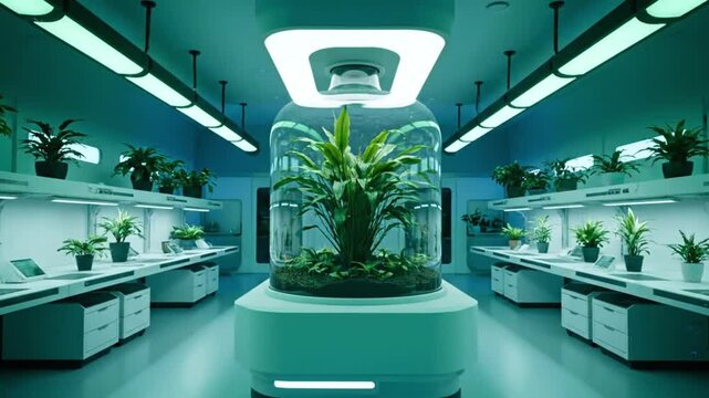 Advanced hydroponic laboratory with rows of plants under LED lights and a central plant growth chamber