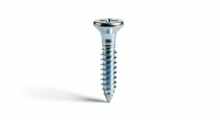 Close-up shot of a single metal screw with a visible threaded shaft and a Phillips head against a white background