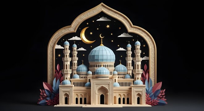 mosque illustration featuring blue geometric domes, intricate architecture, minarets, and a large golden crescent moon against a starry black night. Perfect for Eid, Ramadan, and 
