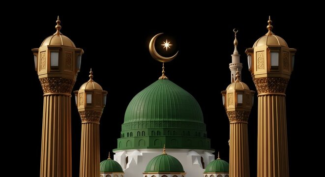 mosque Green Dome and ornate columns on a black background. Symbolizes peace, faith, and the sacred history of Medina. Ideal for digital projects, Islamic art