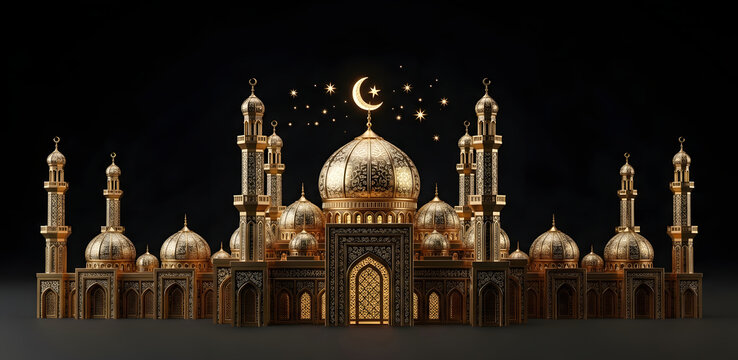 mosque in luxurious gold and black with detailed arabesque patterns, crescent moon, and stars. Perfect for Ramadan, Eid, or Islamic New Year greetings and digital backgrounds.